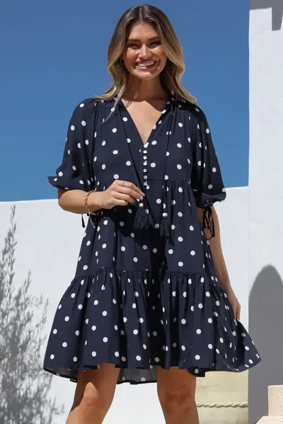 Salty Crush Marah Mini Dress - Mandarin Collar Short Sleeve With Tie Smock Dress In Blue