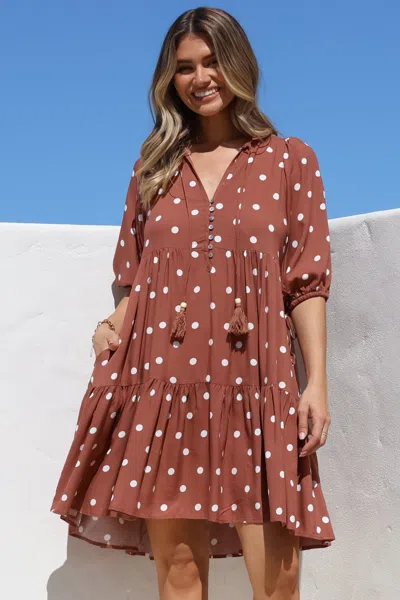 Salty Crush Marah Mini Dress - Mandarin Collar Short Sleeve With Tie Smock Dress In Brown