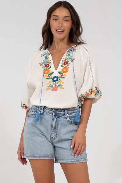 Salty Crush Margerie Top - Floral Embroidered Top With 3/4 Sleeves In White