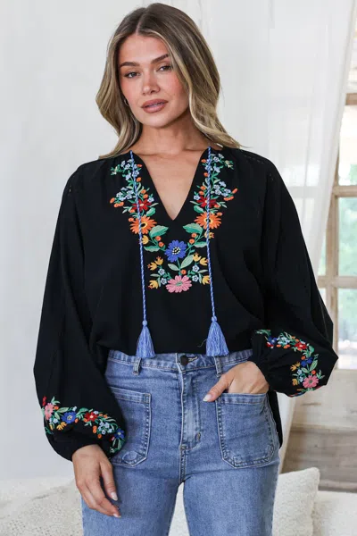 Salty Crush Margerie Top - Floral Embroidered Top With Long Sleeves In Black