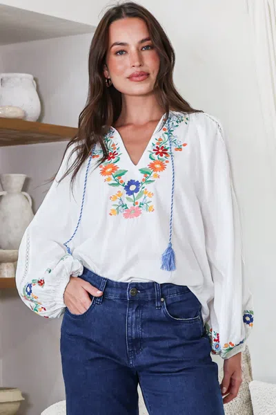 Salty Crush Margerie Top - Floral Embroidered Top With Long Sleeves In White