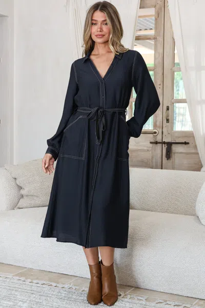 Salty Crush Maria Midi Dress - Wing Collar V Neck Contrast Stitch Shirt Dress With Balloon Sleeves And Belt In Blue