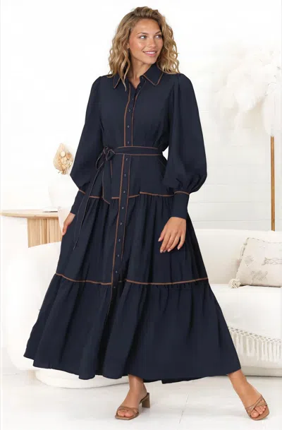 Salty Crush Marise Maxi Dress - A Line Dress With Collared Neckline And Long Sleeves In Blue