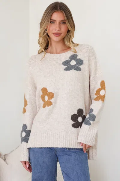 Salty Crush Marlo Jumper - Crew Neck Floral Knit With Ribbed Hemlines In Neutral