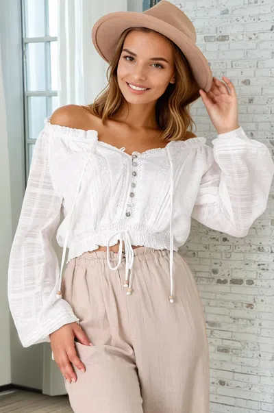 Salty Crush Marlon Top - On Or Off Shoulder Pin Tuck Detail Long Balloon Sleeve Crop In White