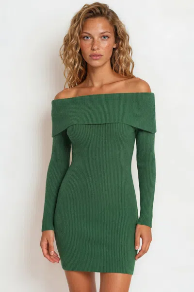 Salty Crush Marnelle Mini Dress - Off Shoulder Asymmetric Neckline Knit Dress In Green
