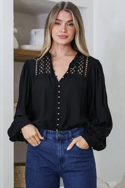 Salty Crush Milano Blouse - Mandarin Collar Button Down With Delicate Lace Cut-out Detailing In Black