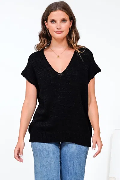 Salty Crush Millicent Knit Top - Relaxed V-neck Top With Ribbed Hemline In Black