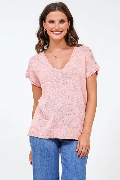 Salty Crush Millicent Knit Top - Relaxed V-neck Top With Ribbed Hemline In Pink