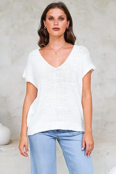 Salty Crush Millicent Knit Top - Relaxed V-neck Top With Ribbed Hemline In White