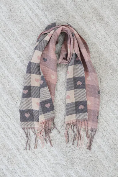 Salty Crush Minka Scarf - Soft Cozy Wrap Scarf With Heart And Check Print In Gold