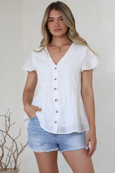 Salty Crush Mitzy Top - Textured Button Down Top With Cap Sleeves In White