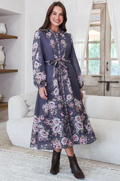 Salty Crush Moreana Midi Dress - Mandarin Collar Button Down Long Sleeve Dress With Belt In Multi