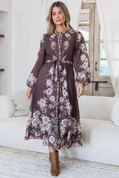 Salty Crush Moreana Midi Dress - Mandarin Collar Button Down Long Sleeves With Belt In Brown
