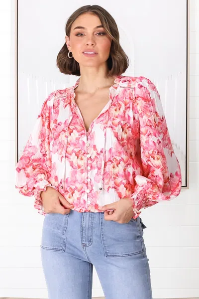 Salty Crush Moree Blouse - Frill Collar Neck Tie Button Down Shirt In Franc Print Pink