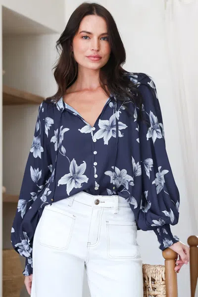 Salty Crush Moree Blouse - Frill Collar Neck Tie Button Down Shirt In Midnight Lily Print
