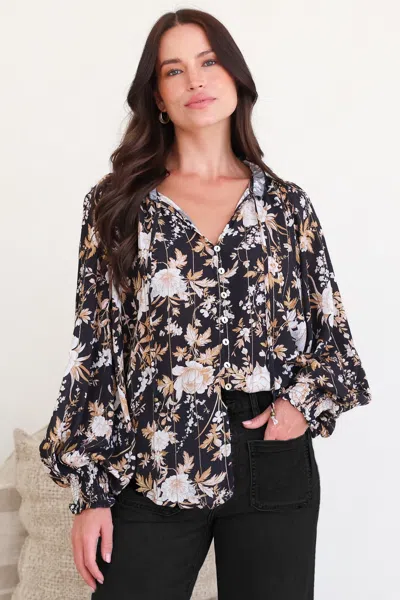 Salty Crush Moree Blouse - Frill Collar Neck Tie Button Down Shirt In Sorrento Print Black