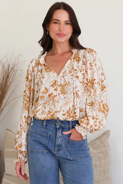 Salty Crush Moree Blouse - Frill Collar Neck Tie Button Down Shirt In Sorrento Print Cream