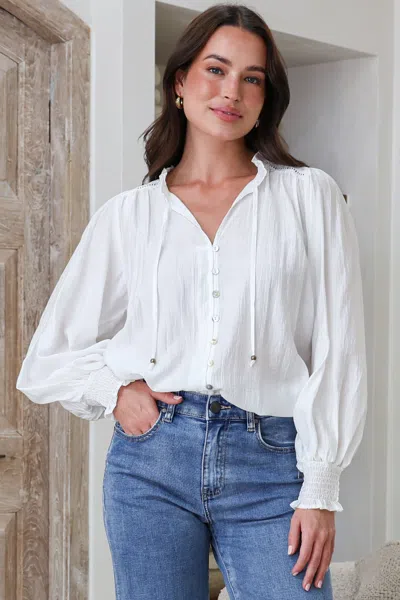 Salty Crush Moree Blouse - Frill Collar Neck Tie Button Down Shirt In White