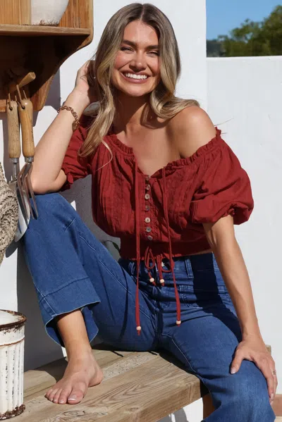 Salty Crush Marlon Top - On Or Off Shoulder Pin Tuck Detail Long Balloon Sleeve Crop In Brown