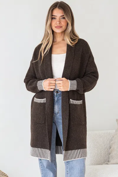 Salty Crush Nattie Cardigan - Folded Collar Knit With Contrast Stripe Hemlines And Pockets In Brown