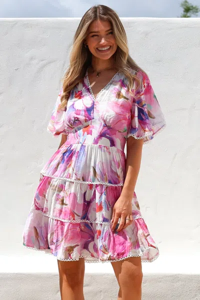 Salty Crush Nessie Mini Dress - Lace Trim Tiered Dress With Flutter Sleeves In Pink