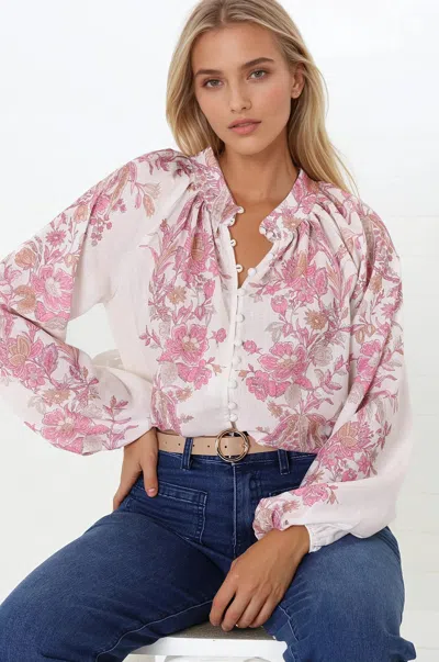 Salty Crush Nicola Blouse - Mandarin Collar Button Down Linen Blouse In Sorrel Print
