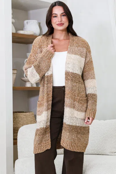 Salty Crush Ollie Cardigan - Open Front Stripe Knit With Pockets In Brown