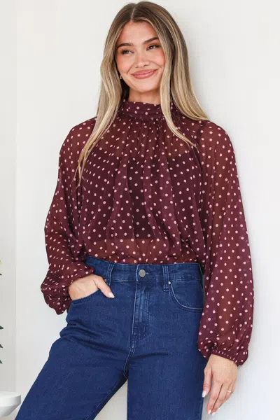 Salty Crush Paramount Blouse - High Collar Balloon Sleeve Sheer Balloon Sleeve Pull Over In Brown