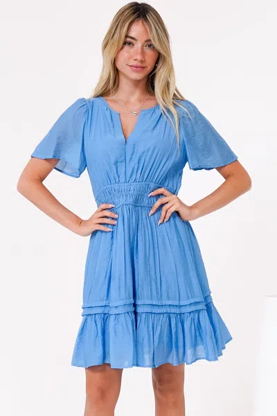 Salty Crush Payton Mini Dress - Pleat Detailed A-line Dress With Cap Flutter Sleeves In Blue