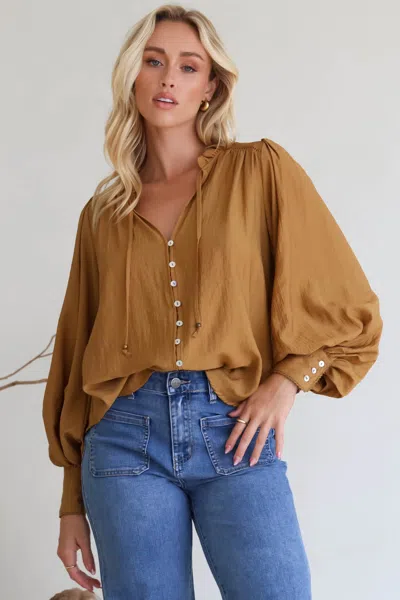Salty Crush Perrio Blouse - Frill Collar Button Down Balloon Sleeve Shirt In Tan