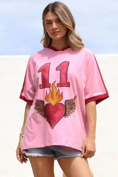Salty Crush Pink 11 Tee - Graphic Print Short Sleeve T-shirt With Racer Stripe Sleeves