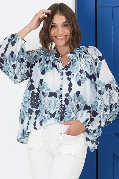 Salty Crush Portia Blouse - Button Down Mandarin Collar Shirt In Multi