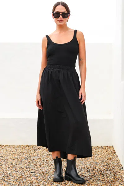 Salty Crush Renny Midi Skirt - High Waisted High-low Cotton Skirt With Elasticated Waistband In Black