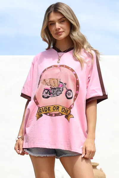 Salty Crush Ride Or Die Tee - Graphic Print Short Sleeve T-shirt With Racer Stripe Sleeves In Pink