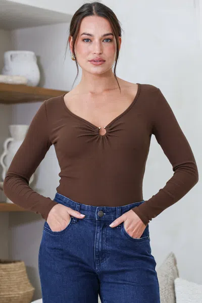 Salty Crush Roxana Top - Ribbed V Neck Long Sleeve Top With Gold Metal Accent In Brown
