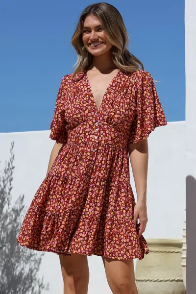 Salty Crush Sana Mini Dress - Bell Sleeve Button Down V Neck Dress In Red