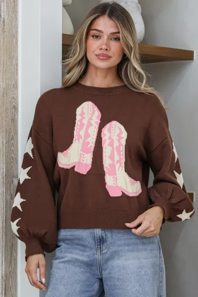Salty Crush Scoot Jumper - Crew Neck Cowgirl Boot & Star Motif Knit With Balloon Sleeves In Brown