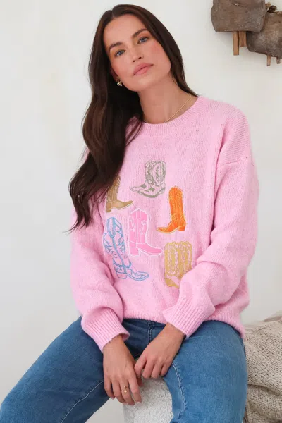 Salty Crush Shelby Jumper - Cowgirl Boot Graphic Long Sleeve Knit In Pink