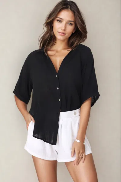 Salty Crush Shelly Shirt - Linen Collared Button Down Shirt In Black