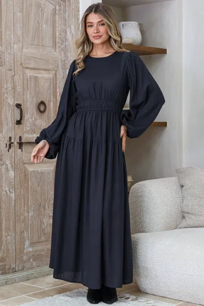 Salty Crush Sheyne Maxi Dress - Long Balloon Sleeve Elasicated Waist A Line Dress In Blue