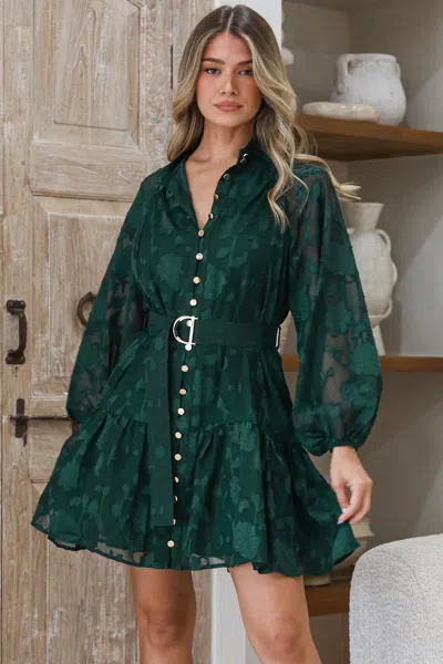 Salty Crush Solange Mini Dress - Floral Motif Overlay Front Button Placket Tiered Dress With Belt In Green