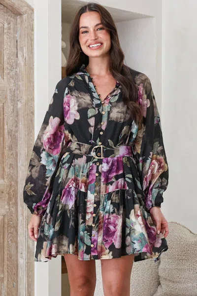 Salty Crush Solange Mini Dress - High Collar Front Button Placket Tiered Dress With Belt In Multi