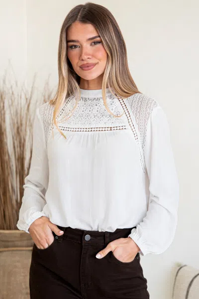 Salty Crush Sorbonne Top - Crew Neck Lace Splicing Pull Over With Balloon Sleeves In White
