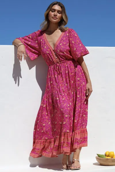 Salty Crush Tassia Maxi Dress - Buttoned Bodice Pull Tie Waist Dress In Pink