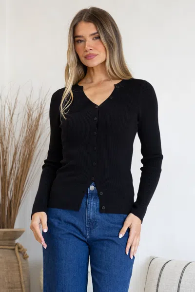Salty Crush Tori Knit Top - Buttoned Down Long Sleeve Ribbed Knit In Black