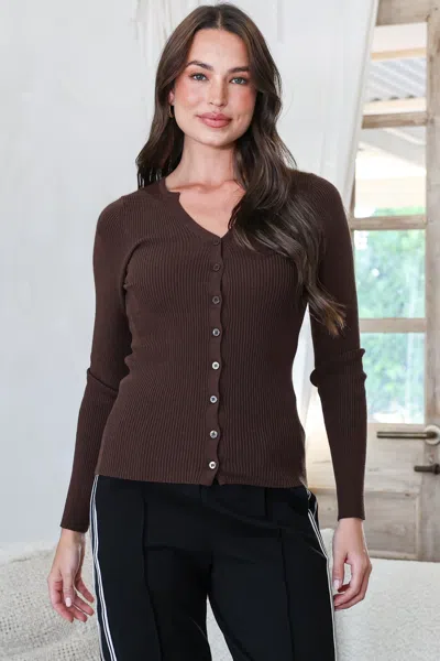 Salty Crush Tori Knit Top - Buttoned Down Long Sleeve Ribbed Knit In Brown