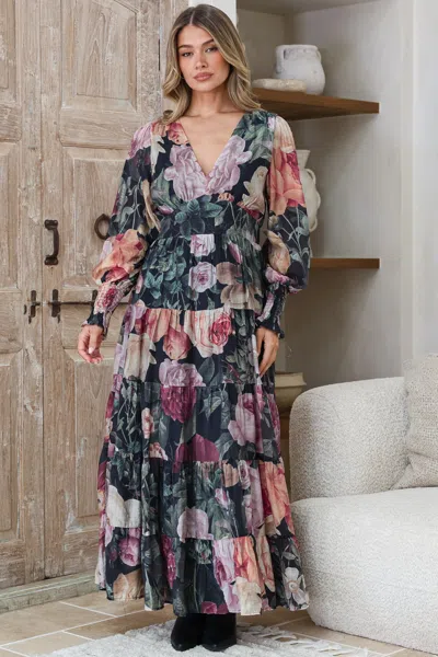 Salty Crush Trina Maxi Dress - Deep V Neck Tiered A-line Dress With Balloon Sleeves In Multi