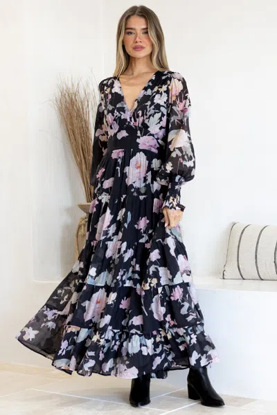 Salty Crush Trina Maxi Dress - Deep V Neck Tiered A-line Dress With Balloon Sleeves In Multi