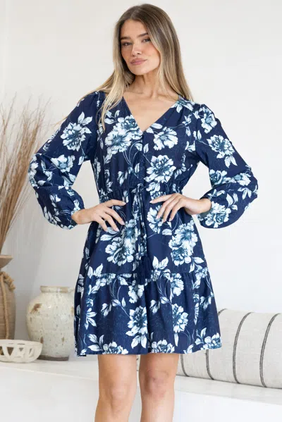 Salty Crush Villia Mini Dress - V Neck Buttoned Bodice Dress With Pull Tie Waist And Pockets In Blue